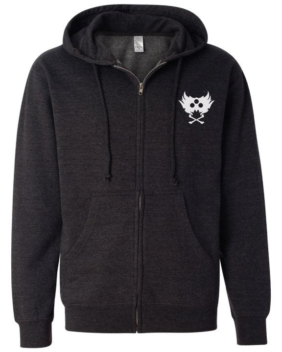 Dark gray hoodie with a white logo on a white background