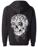 Charcoal Gray zip-up hoodie with skull design, old school tattoo, punk, alt, goth skull with DUSTBONE written on it.
