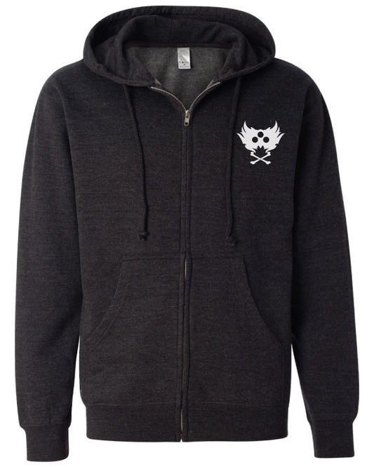 Dark gray hoodie with a white logo on a white background