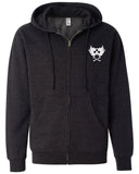 Dark gray hoodie with a white logo on a white background